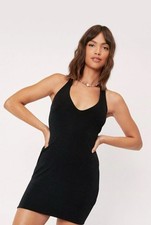 Urban Outfitters Black Halterneck Mini Dress Size M UK 10 Bodycon stretch