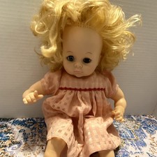 Blonde Curly Hair Blue Eyes Soft Body Vinyl/Cloth Baby Doll Pink Outfit