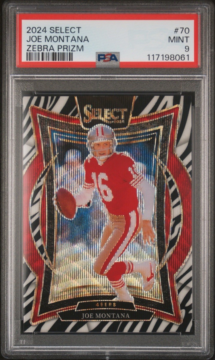 Joe Montana 2024 Panini Select #70 Zebra Prizm SSP PSA Mint