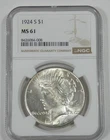 1924-S Peace Dollar CERTIFIED NGC MS 61 Silver Dollar