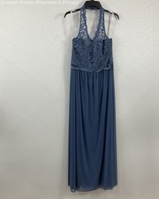 NWT David's Bridal Women Steel Blue Long Lace Mesh Halter Evening Gown Size 12
