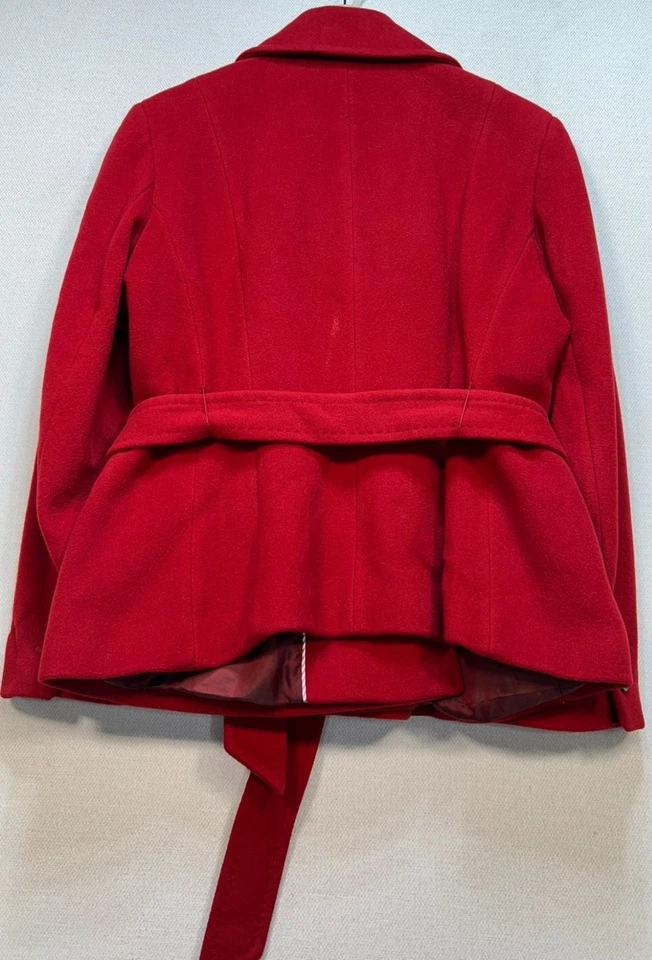 Lands End Mujer Preppy Lana Doble Pecho Chaquetón Talla 16P Cinturón Corbata Rojo Foto 2 de 4