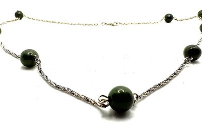 925 SILVER CORD CHAIN NECKLACE GREEN BEADS °LONG JEWELLERY DESIGN VINTAGE