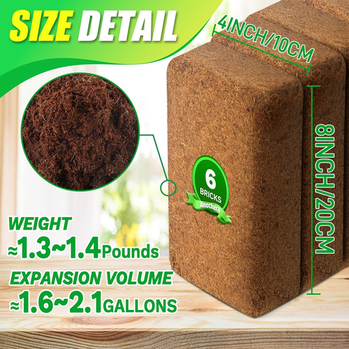 Coco Coir Brick for Plants- 6 Pack Premium 100% Organic Peat Moss Mix with Low E - Picture 5 of 8