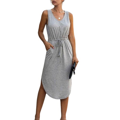 Midi-Trägerkleid Damen Sommer V-Ausschnitt lässig elastisch ärmellos Sommerkleid US - Bild 22 von 27