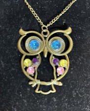 Owl Necklace Rhinestone 2 Pendant 14 Chain Retro