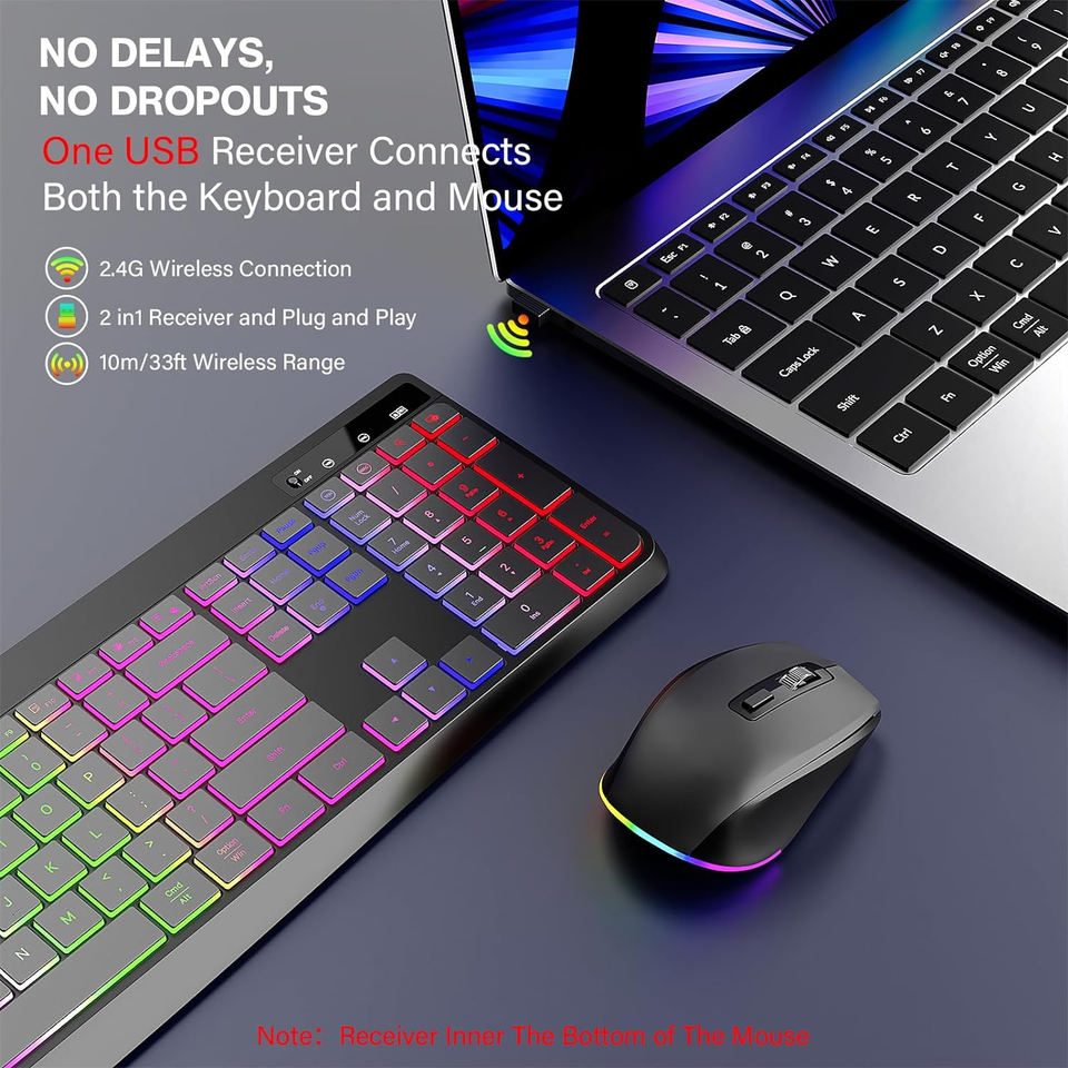 Wireless Keyboard and Mouse Combo Backlit,2.4Ghz Rechargeable Light up