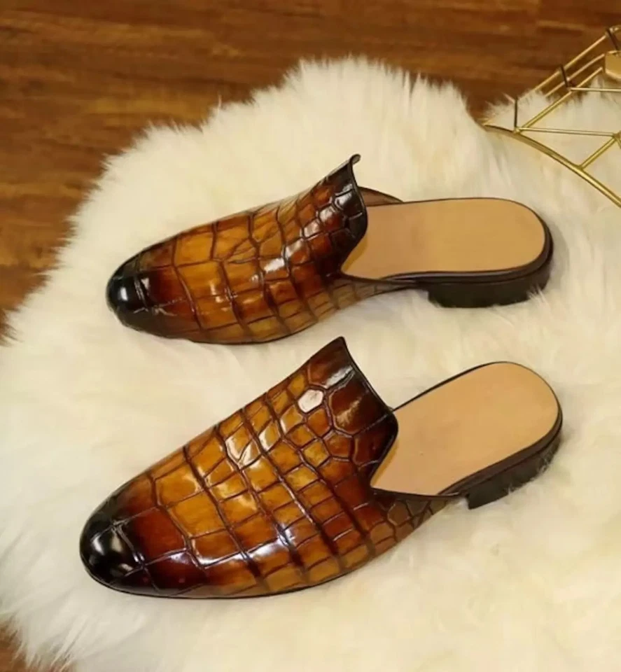 Genuine Handmade Brown Alligator Pattern Leather Mules Men Dress Slippers - Image 3 of 4