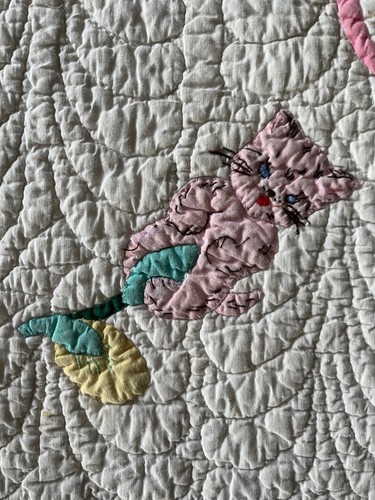 Antique Vintage Applique Pussy Willow Tree Kitten Crib Quilt - Picture 3 of 9