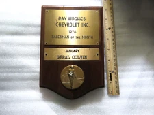 Ray Hughes Chevrolet  INC Salesman of the Month Award Plaque Ceral Colvin 1976