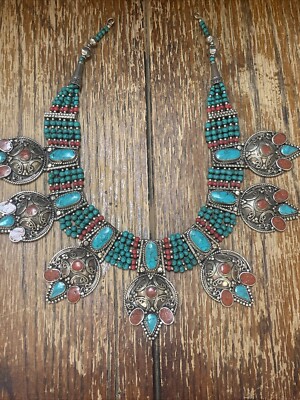 Tibetan Handcrafted Silver Turquoise Coral Choker/bib Statement Piece Heavy 