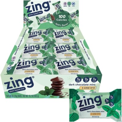 Zing Dark Chocolate Mint Kids Protein Bars, Gluten Free 100 Calorie 18 Count
