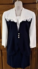 EUC Perceptions Skirt Suit, White Navy w/White Floral Lace-Women's Size 12