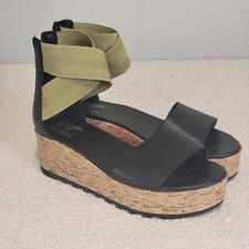Sorel Cameron Wm Size 8.5 Flatform Ankle Strap Wedge Sandals Leather Black Olive