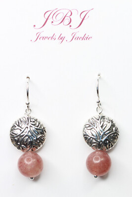 Strawberry Quartz 8mm Pink Gemstone Ball Earrings .925 Sterling Silver 1 1/4''
