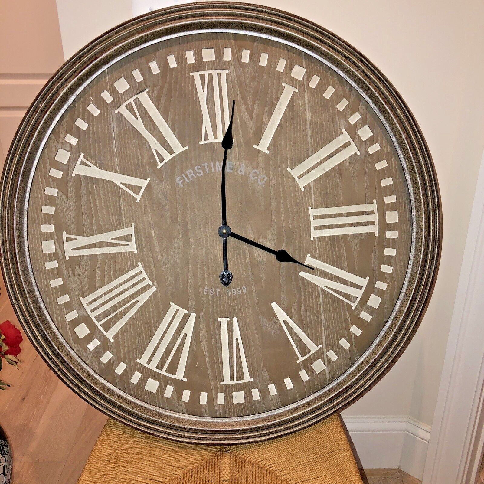 First Time & Co. Wall Clock 30 x 30" diameter, Rustic look large dials, battery