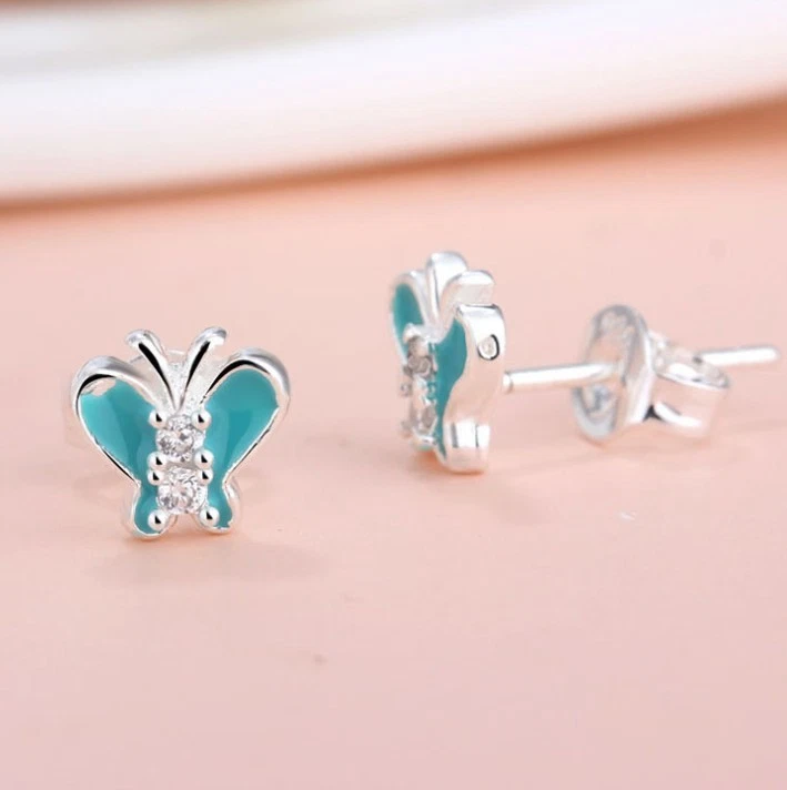 Серебро синий розовый эмаль кубический цирконий 7 мм бабочка Серьги-гвоздики K13A - Изображение 3 из 4