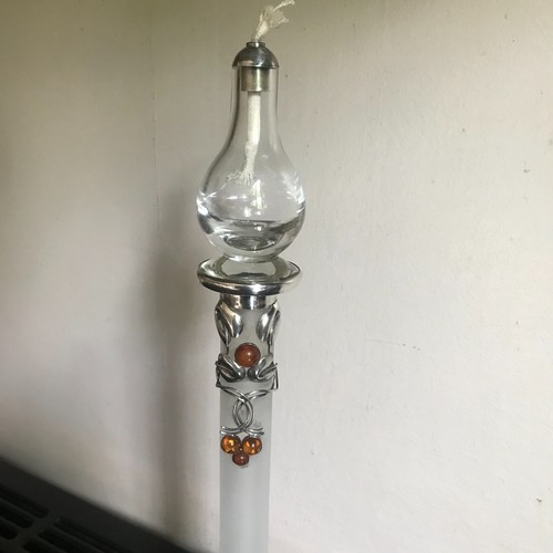 Oil Lamp Sterling Silver Amber mounted frosted glass tall Art Nouveau light old - Picture 4 of 23