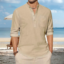 Button-Up Shirt Men Long Sleeve Cotton Linen Pullover Casual Summer Beach SALE 