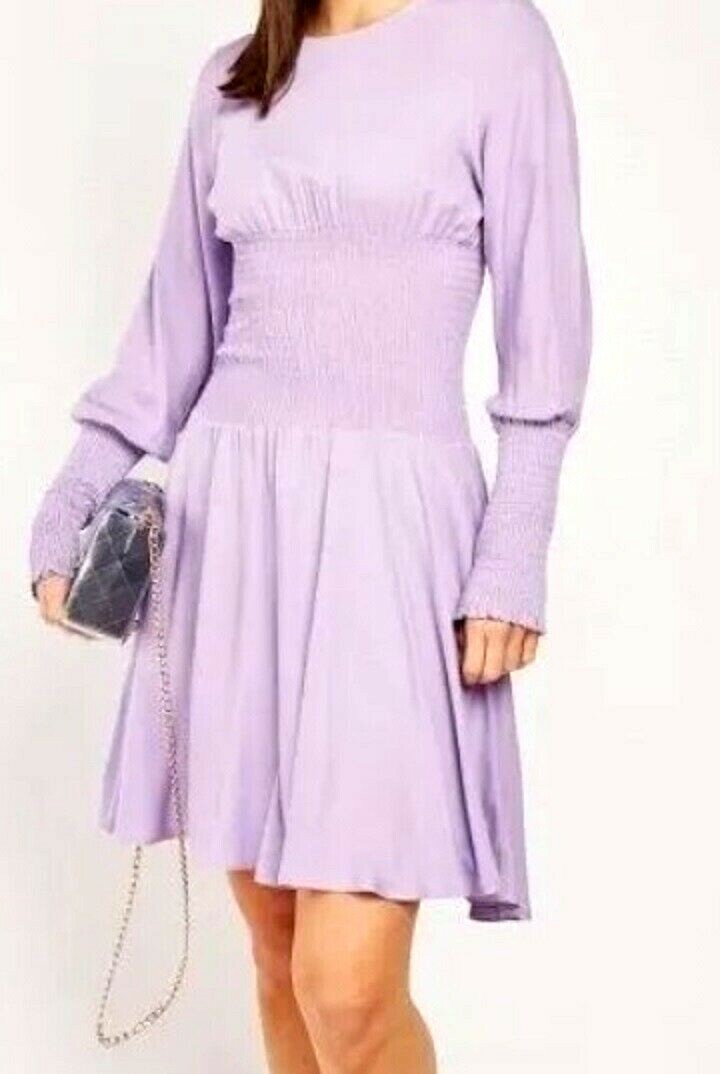 VESTIDO DE TÉ MUJER LILA CINTURA FRUNCIDA MANGA LARGA (TALLA L)