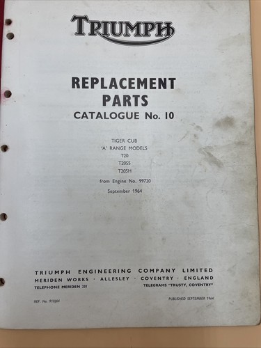 GENUINE TRIUMPH TIGER CUB MODEL T20 T20SS T20SH PARTS CATALOG BOOK #10 1964 200 - Foto 2 di 10