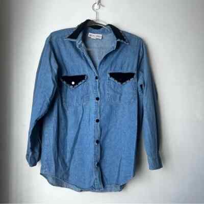 Vintage 90s 8th St. West Denim Black Velvet Studded Oversized Shirt S