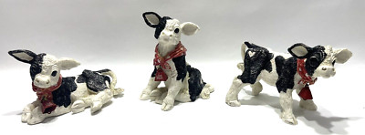 3 Vintage Kathy Wise Cow Laying Standing Sitting ''I Love Moo'' Bells Hearts Brand