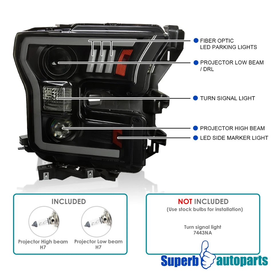 Fit 2015-2017 Ford F150 Projector Headlight LED Strip Black Smoke w/ Turn Signal Foto 3 de 4