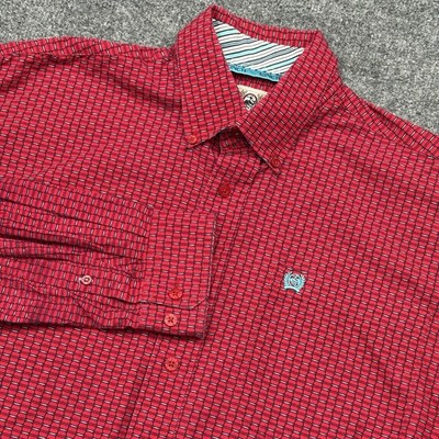Cinch Shirt Mens Small Red Micro Print Button Down Long Sleeve Embroidered Work