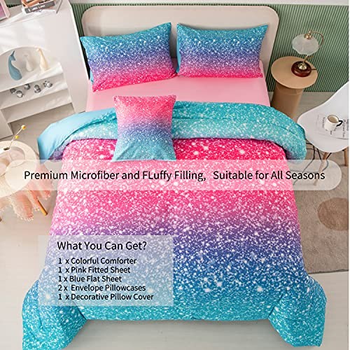 RYNGHIPY 6Pcs Gradient Glitter Comforter Sets for Teen Girls Full Size, Colorful - Bild 2 von 9