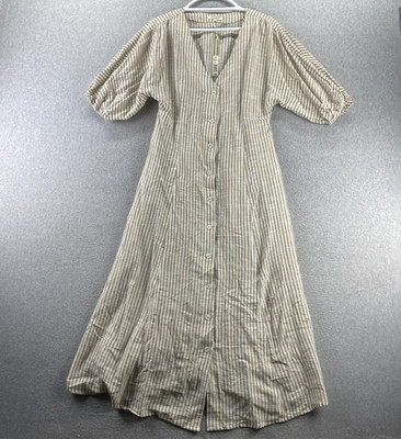 Max Studio London L Tan White Stripe Button Midi Dress Puff Sleeve Linen Blend