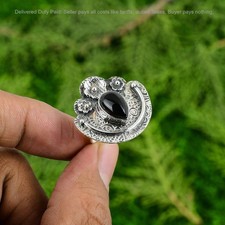 925 Sterling Silver Black Onyx Gemstone Artisan Wedding Flower Handcrafted Ring