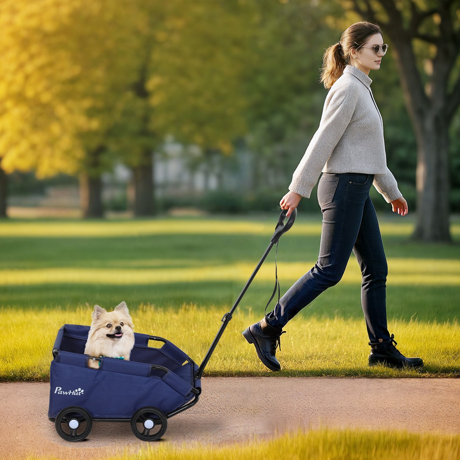 PawHut Passeggino Cani Pieghevole con Borsa Portaoggetti e Cuscino Blu Scuro foto 3