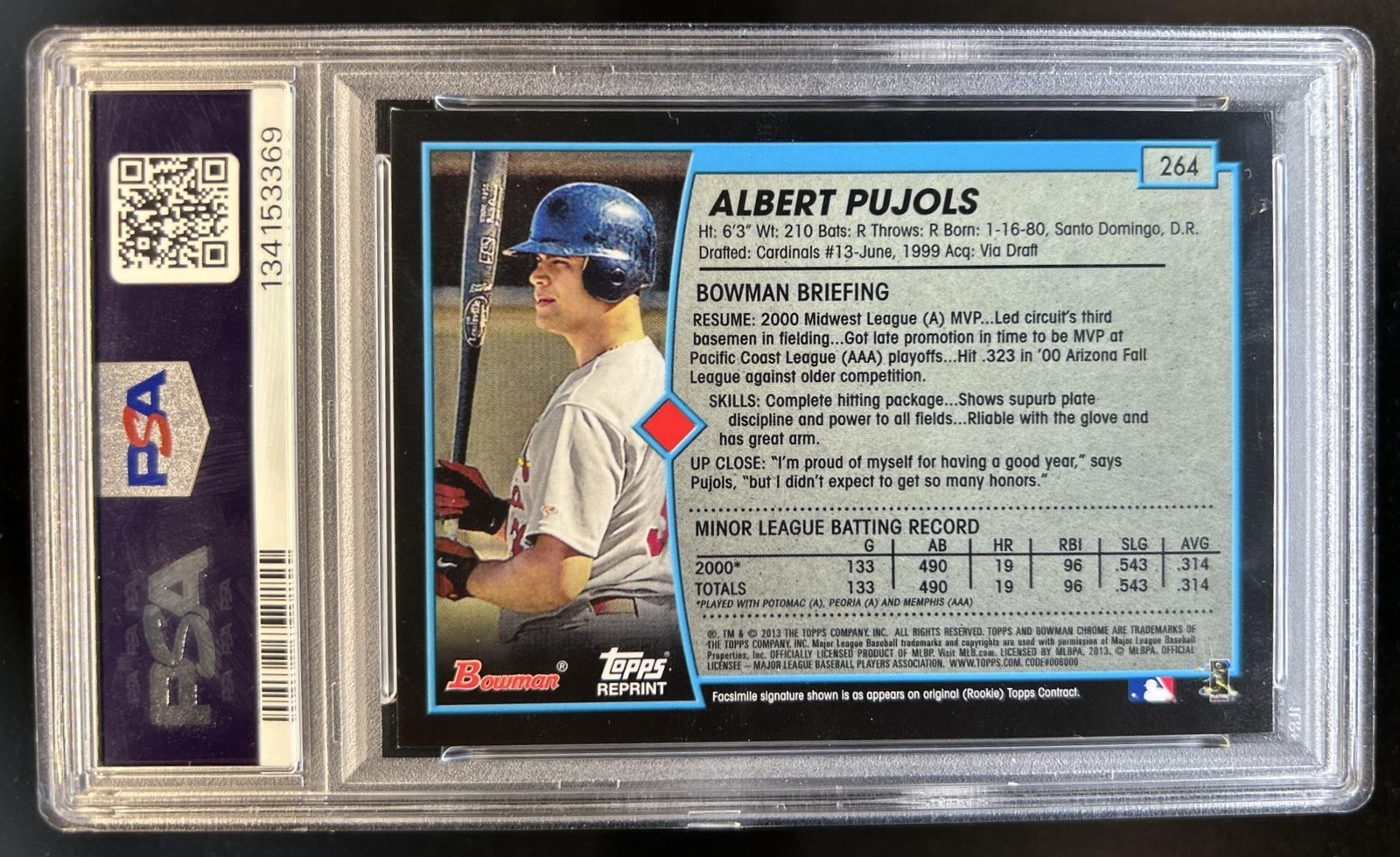 2013 Bowman Draft & Prospects Albert Pujols Blue Sapphire Rookie #264 PSA 7 view 2