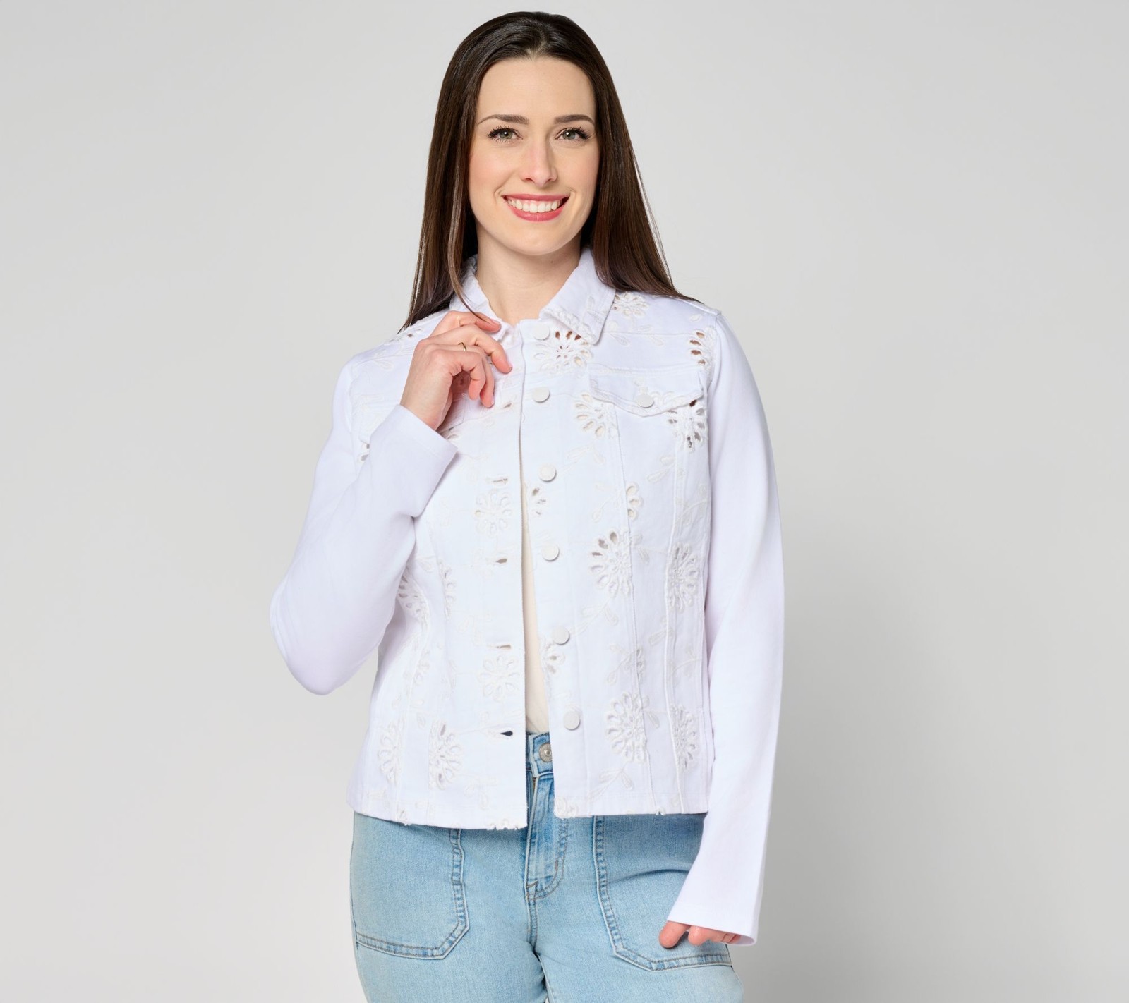 Belle by Kim Gravel Women's Jacket Sz XL Eyelet w Knit Sleeves Back White