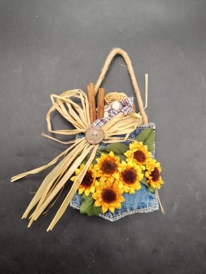 Vintage Handmade Denim Pocket Wall Hanging Decor Sunflowers Raffia Signed 1999