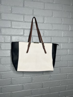 Aldo Black and White Tote with Brown Handles and Shoulder Strap