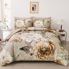 Floral Bed in a Bag 7 Pieces Taupe Comforter Set Queen, Khaki Flower Green Leave