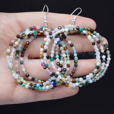 3mm Natural Gemstone Faceted Round Beads 4 Rows Rings Dangle Silver Hook Earring