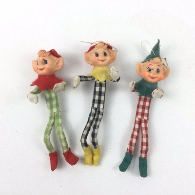 3 1950s Knee Hugger Elf Pixie MCM Christmas Ornament Gingham Rubber Face Vintage