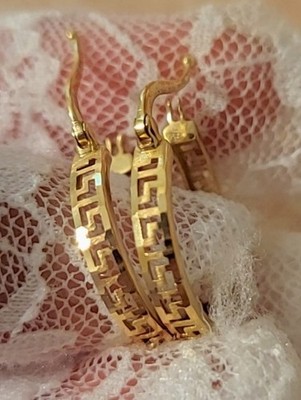 18K Saudi Gold Greek Key Round Hoop Earrings Pair, Latch Back, 1.98g