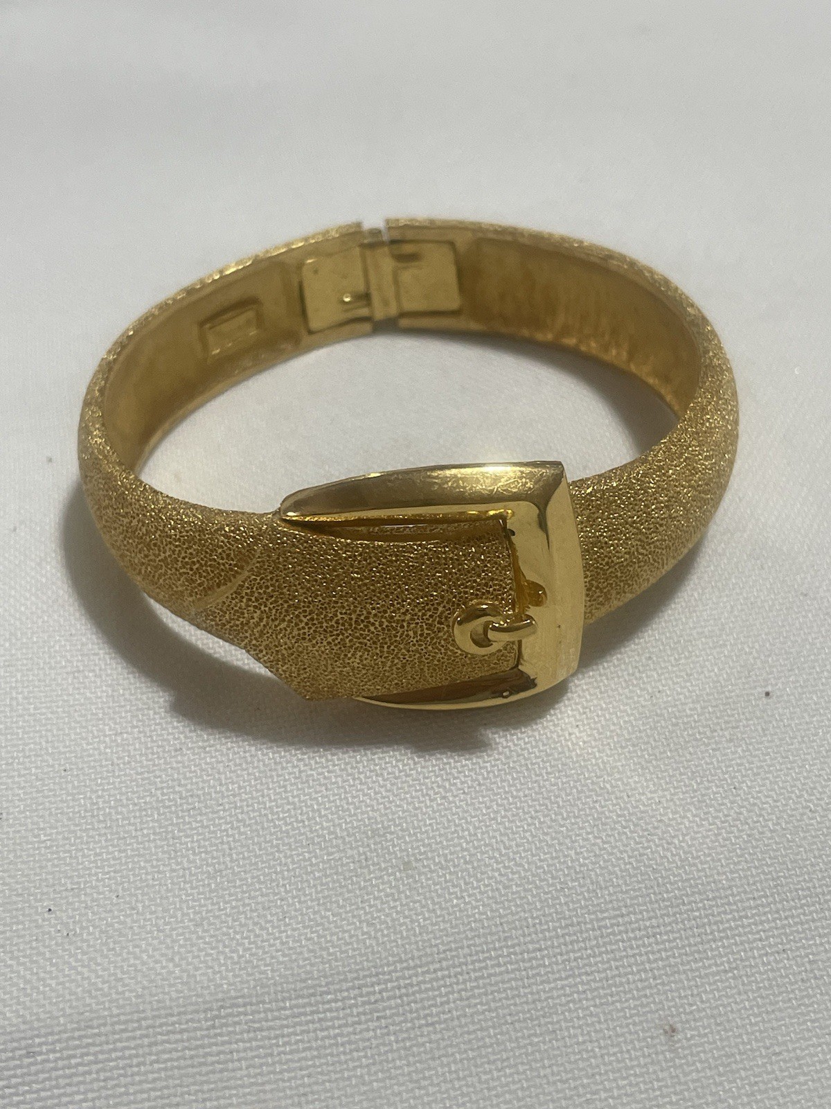 Vintage Crown Trifari  Gold Tone Belt Buckle Hinged Bangle Bracelet C 1960s