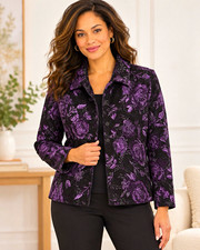 Coldwater Creek Women Black Purple Floral Vel Jacquard Jacket Sz M Button Front
