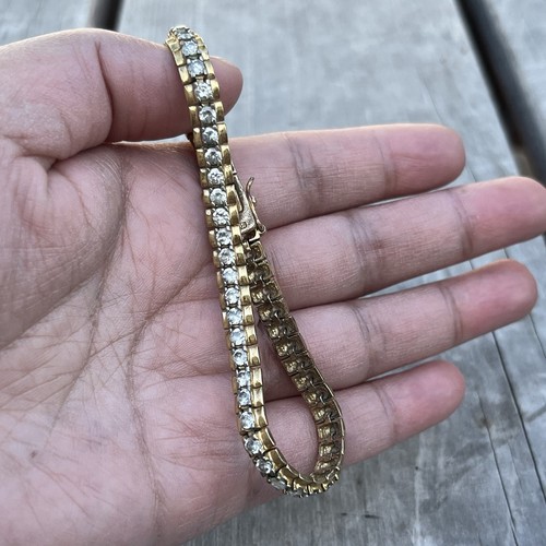 Vintage Sterling Silver Yellow Gold Overlay Tennis Style Bracelet 8.5” - Foto 6 di 8