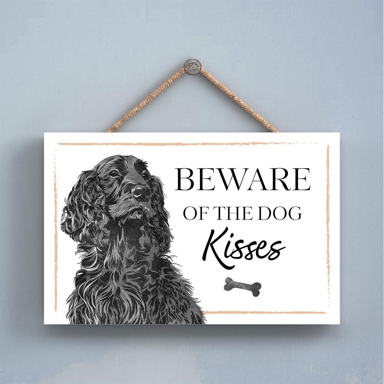 Black Springer Spaniel Beware of Dog Kisses Gift Wooden Hanging Rectangle Plaque