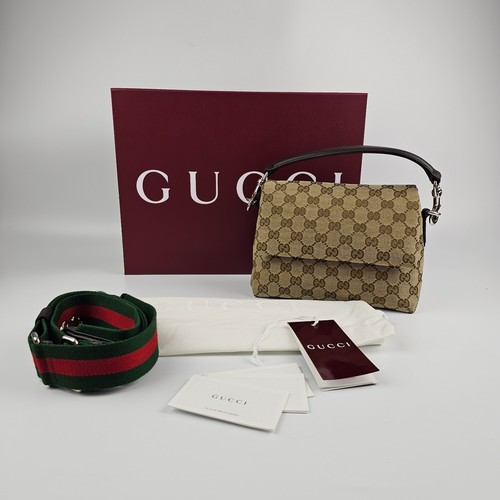 GUCCI $2250 Beige/Dark Brown GG Canvas Small Crossbody Bag New & Authentic