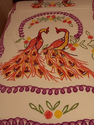 Vintage (1950's) Chenille Bedspread with Peacocks - 94 x 100 inches
