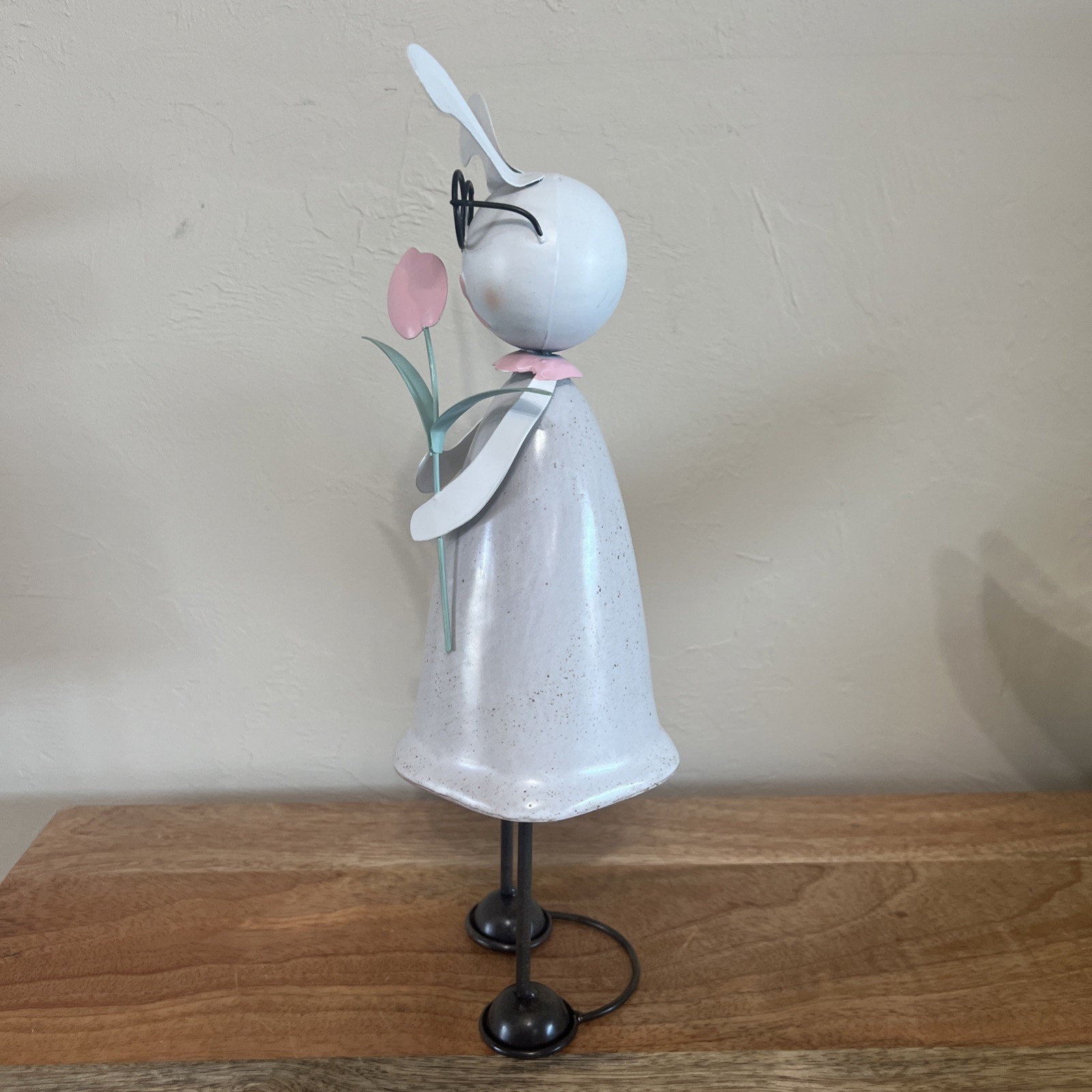 12 1/2” Ceramic Beige OffWhite Bunny Rabbit holding pink flower  thumbnail 5