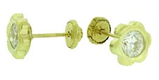 New Real 14K Yellow Gold Round CZ Flower Bezel Stud Earrings Large Screw Back