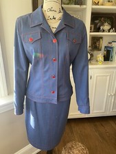 Escada 2-Piece Wool Blend Red Stitching Blue  Red Style Skirt Suit 36 Size 6